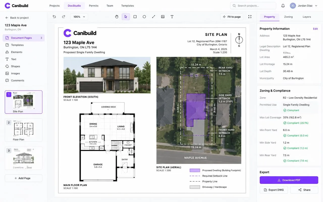 DocStudio Site Plan workspace with an aerial parcel, floor plan, and property compliance data