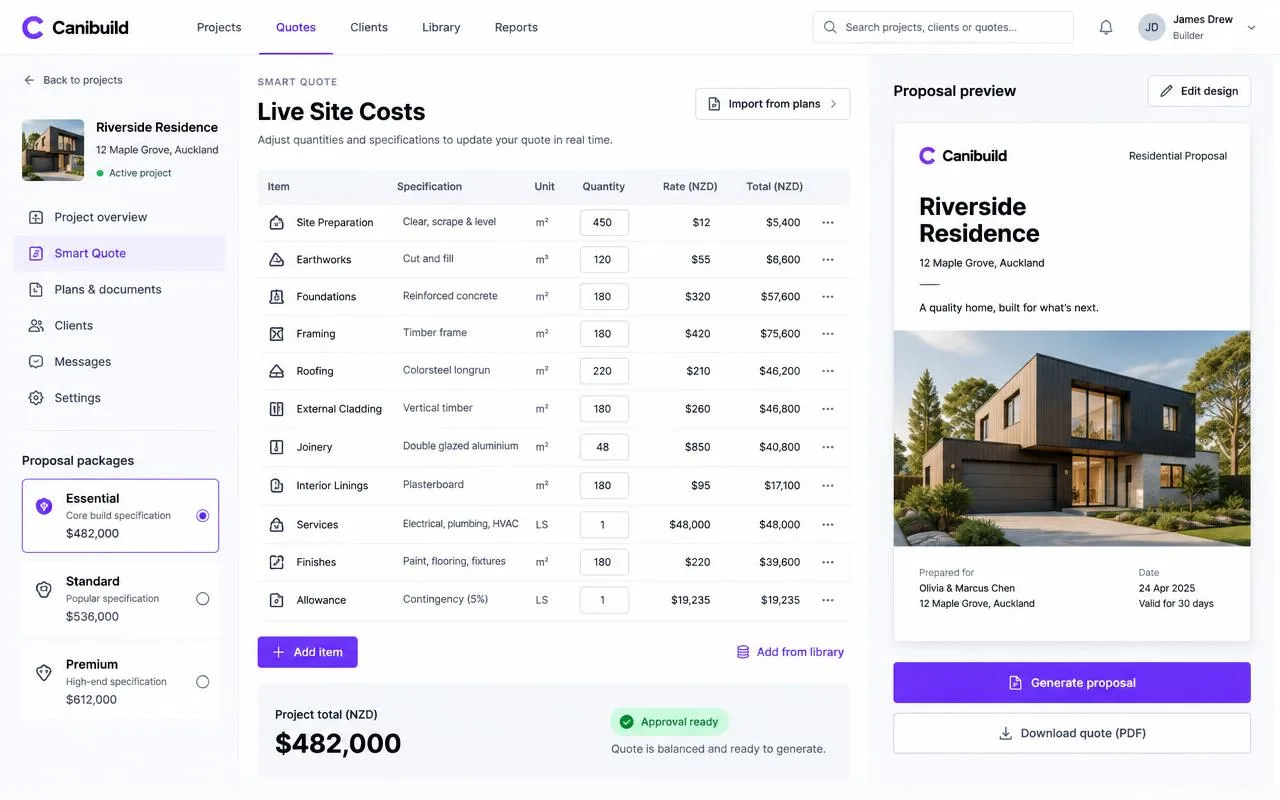 DocStudio Smart Quote workspace with live site costs, proposal packages, and a branded proposal preview