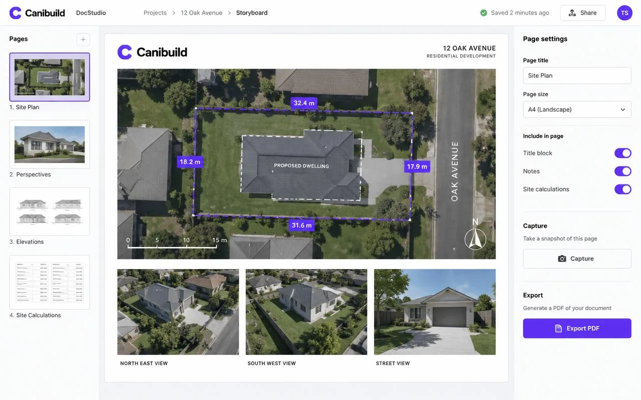 DocStudio Storyboard builder with multiple site views, measurements, and page settings