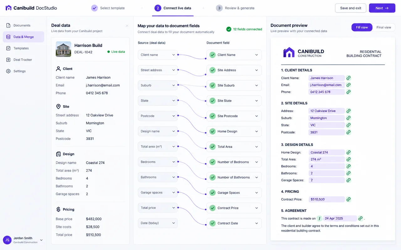Mapping live data fields into a DocStudio template