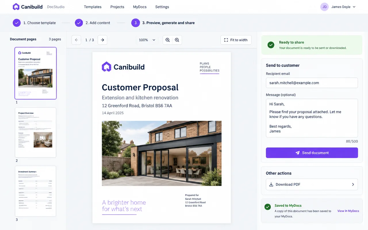 Generating and sharing a client-ready document from a project