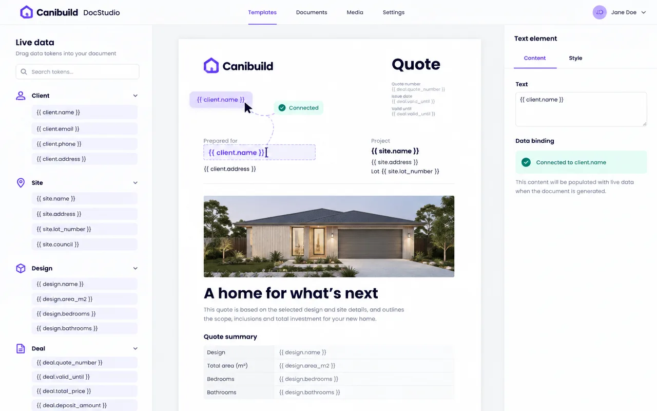 DocStudio editor binding live data tokens into a quote template