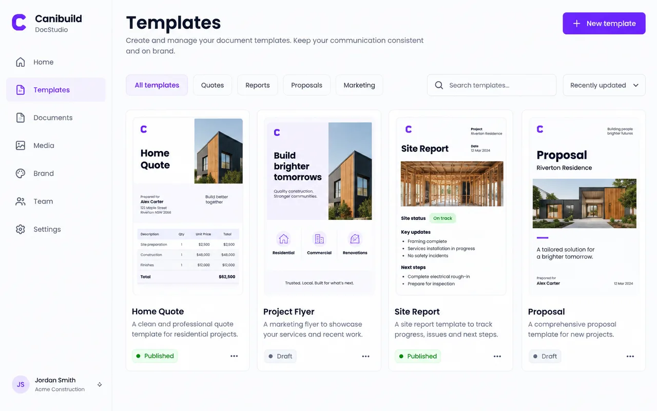 DocStudio template library of reusable branded templates