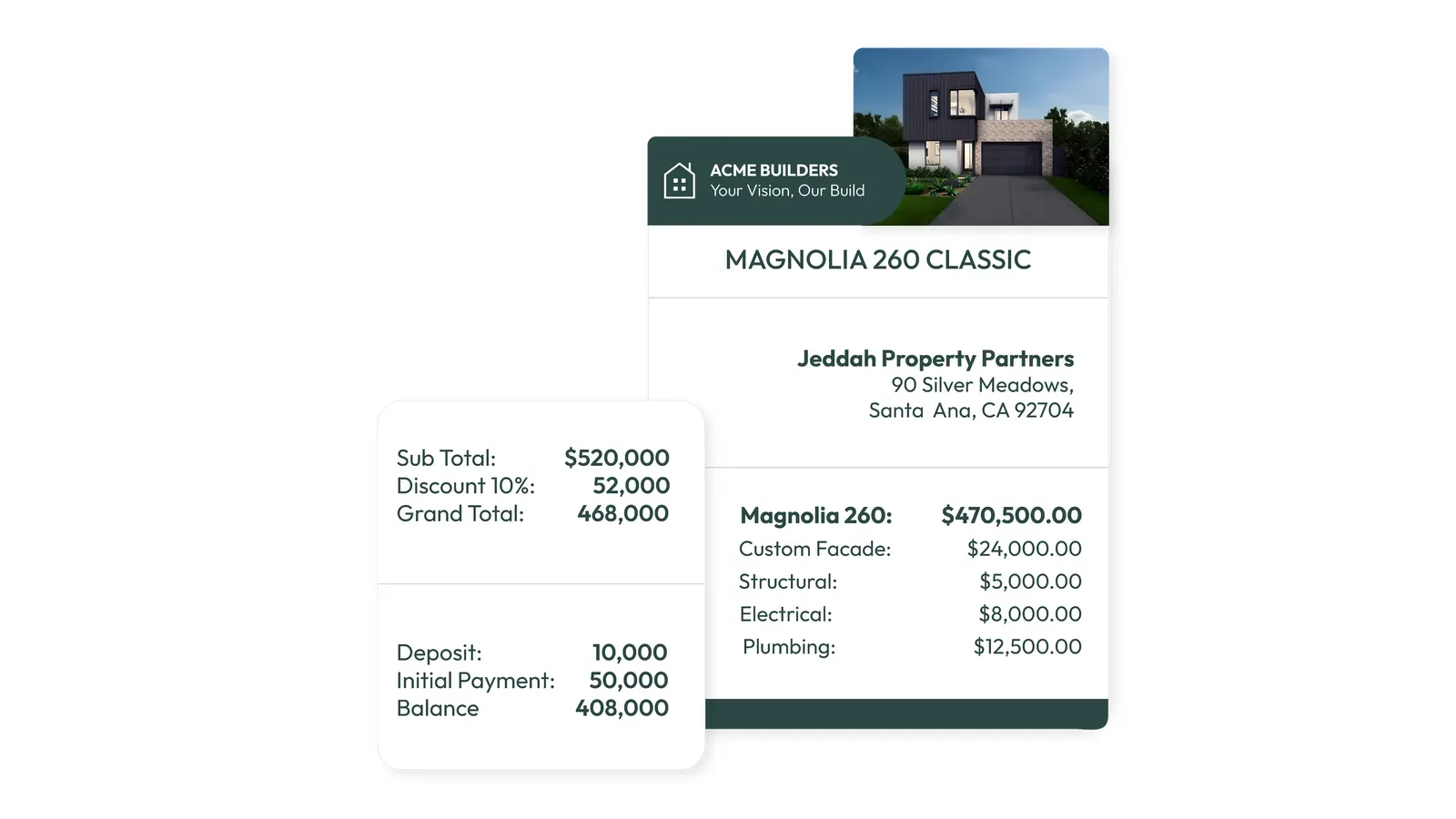 A SmartQuote itemized quote generated from verified site data, showing line-item pricing and a payment breakdown