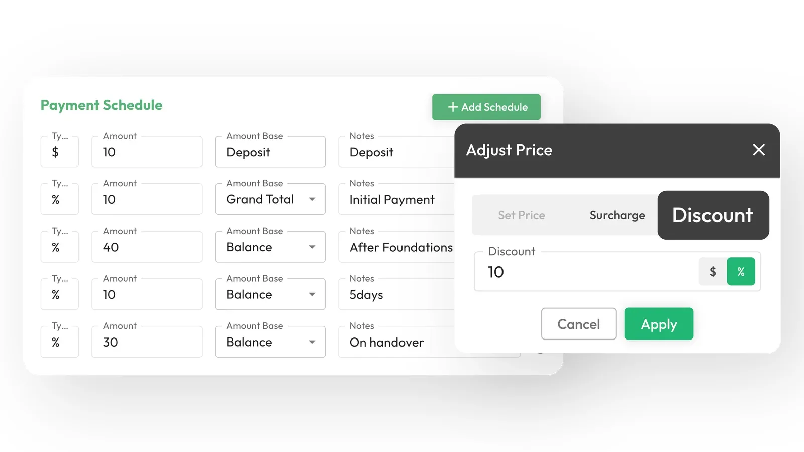 SmartQuote payment schedule configuration alongside the Adjust Price dialog applying a discount