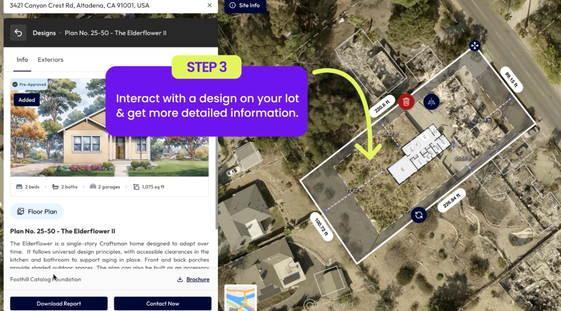 Step 3: place a design on the lot and get more detailed information, a downloadable report, and builder contact details