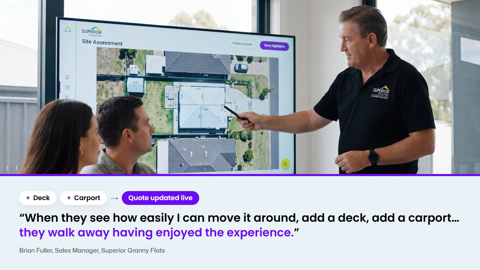 Brian Fuller, Sales Manager at Superior Granny Flats, showing clients an ADU on their lot in Canibuild as a deck and carport are added and the quote updates live