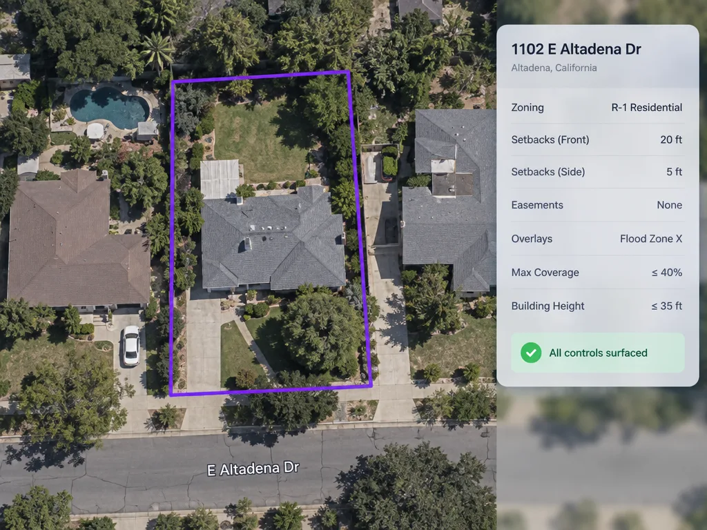 Aerial property view with all planning controls surfaced in one view
